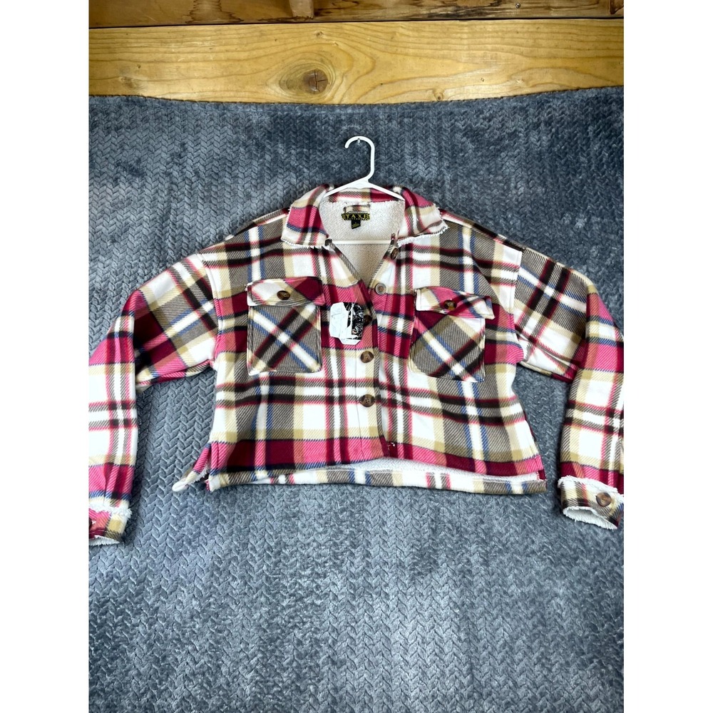 Taxi Cropped Shacket Womens Large Multicolor Plaid Sherpa Lined Button Front